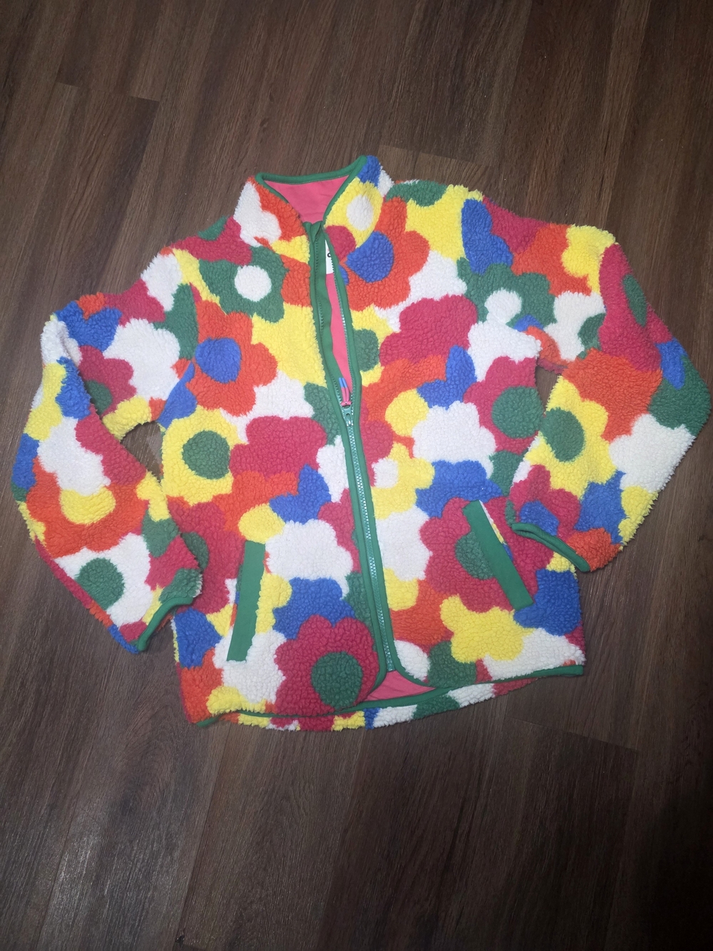 Mini Boden Multicolor Floral Sherpa Zip Jacket - Red, Yellow, Blue, Green, White